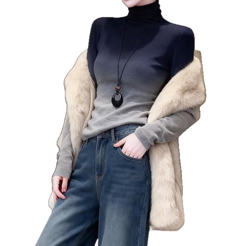 Gradient Color High-Neck Slimming Base Layer Top for Women - Korean Fashion Autumn/Winter Chic Design