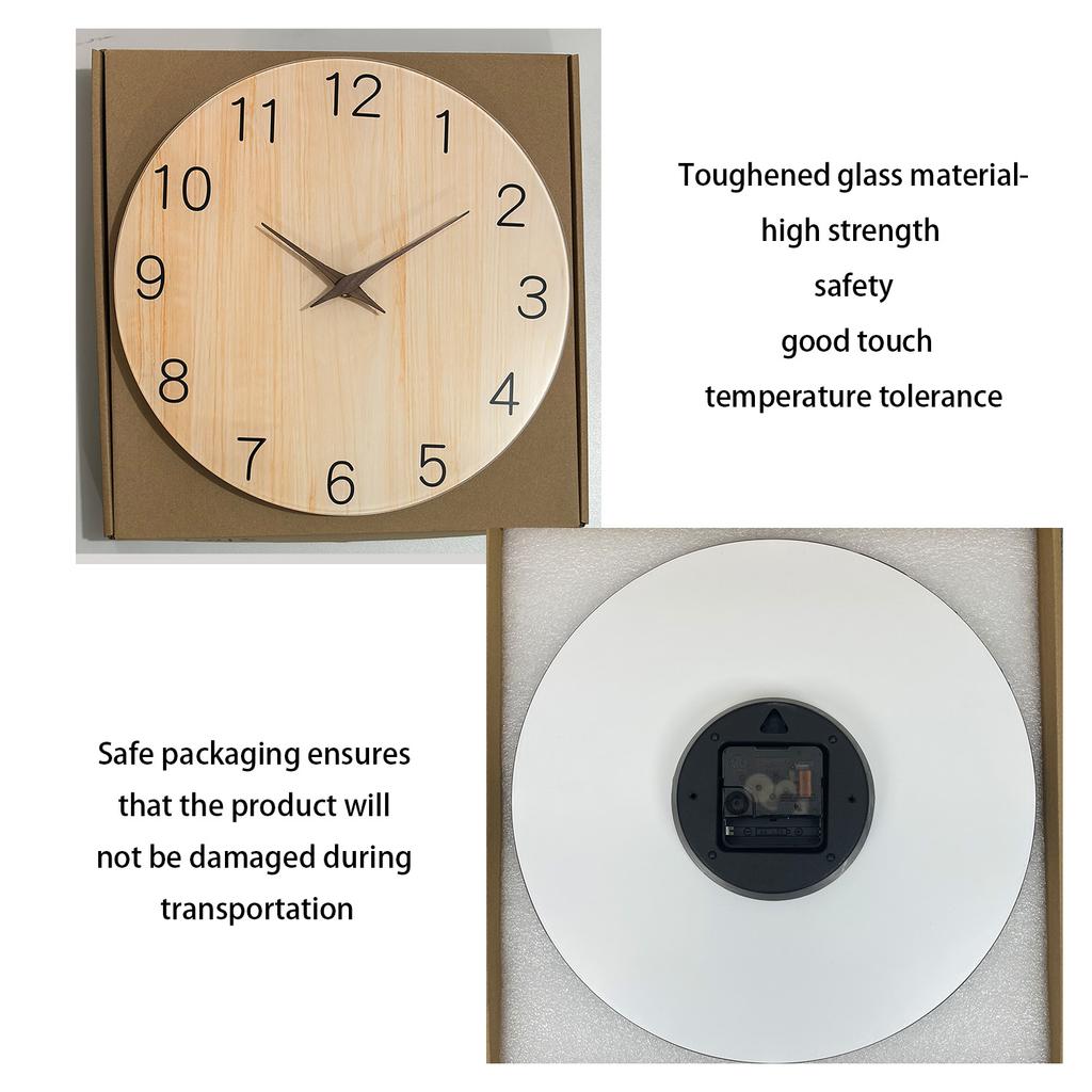1pc 12-16inch tempered glass wall clock, light wood grain pattern with solid wood hands design wall clock, home mute wall clock