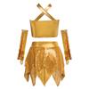 Dívčí jazzový taneční představení set: Crop top s kovovým leskem, zdobený flitry, s výstřihem ve tvaru křížové klíčové dírky, doplněný asymetrickou sukní a rukavicemi s flitrovanými třásněmi