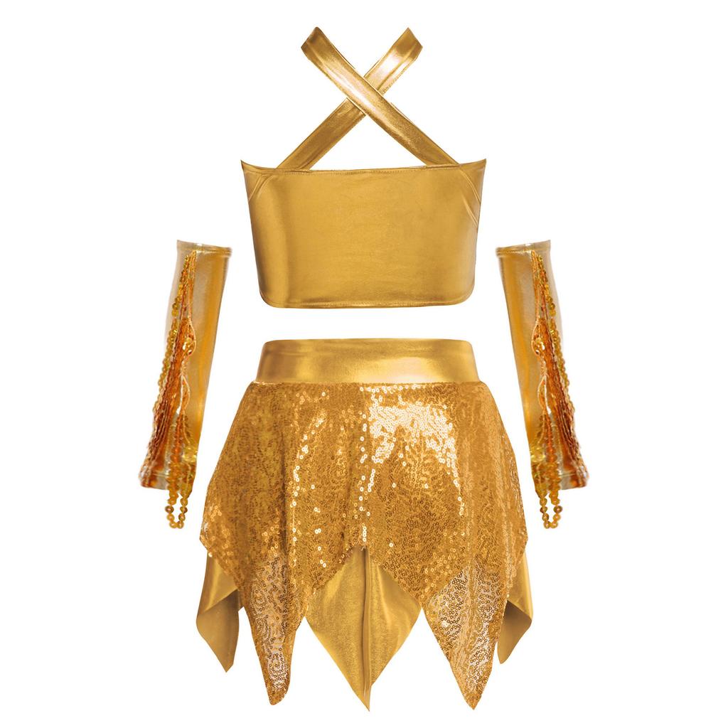 Dívčí jazzový taneční představení set: Crop top s kovovým leskem, zdobený flitry, s výstřihem ve tvaru křížové klíčové dírky, doplněný asymetrickou sukní a rukavicemi s flitrovanými třásněmi