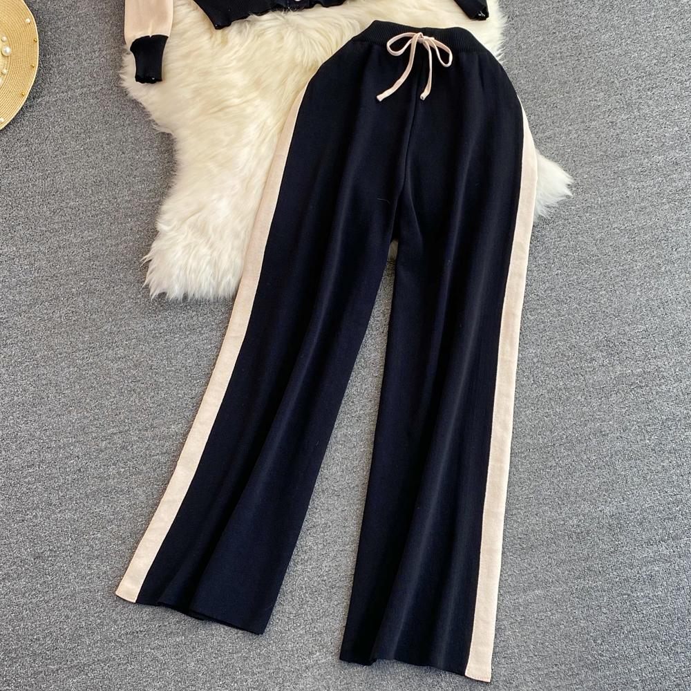 Toamnă Iarnă Femei Tricotat Pulover Pantaloni Set Ocazional Decolteu în V Jachetă tricotată cu un singur piept Pantaloni cu șnur Trening sport 2 piese