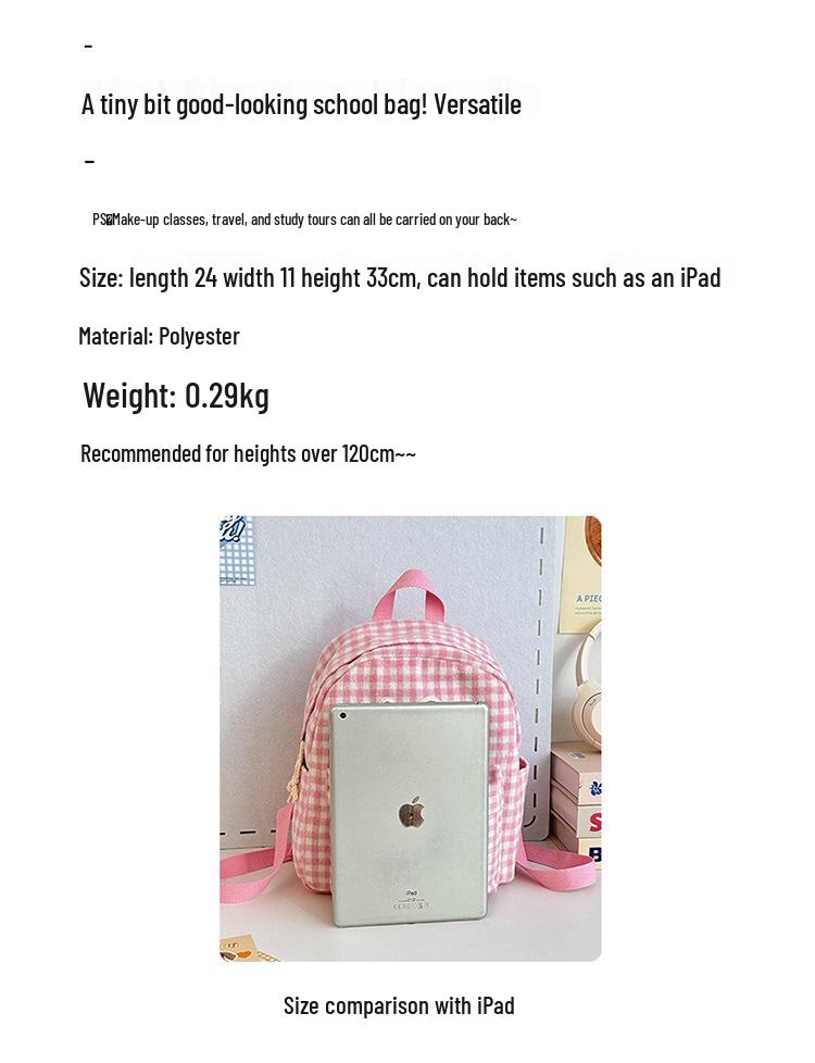 Large Capacity Pink Plaid Japanese Cute KT Girls' School Backpack