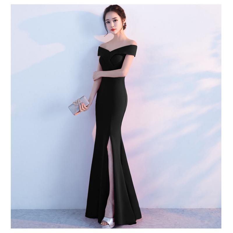 Banquet Evening Dress Chen Qixiong Elegant Long One-word Shoulder Fishtail Host Dress Long Dress