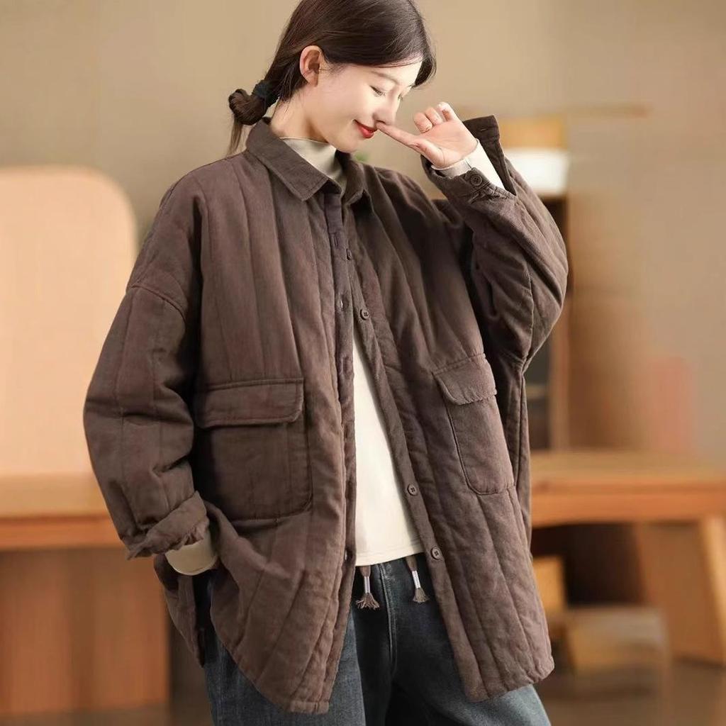 Women's Sand-Washed Linen Quilted Cotton Jacket with Large Pockets - Winter Mid-Length Style, Thickened and Warm.