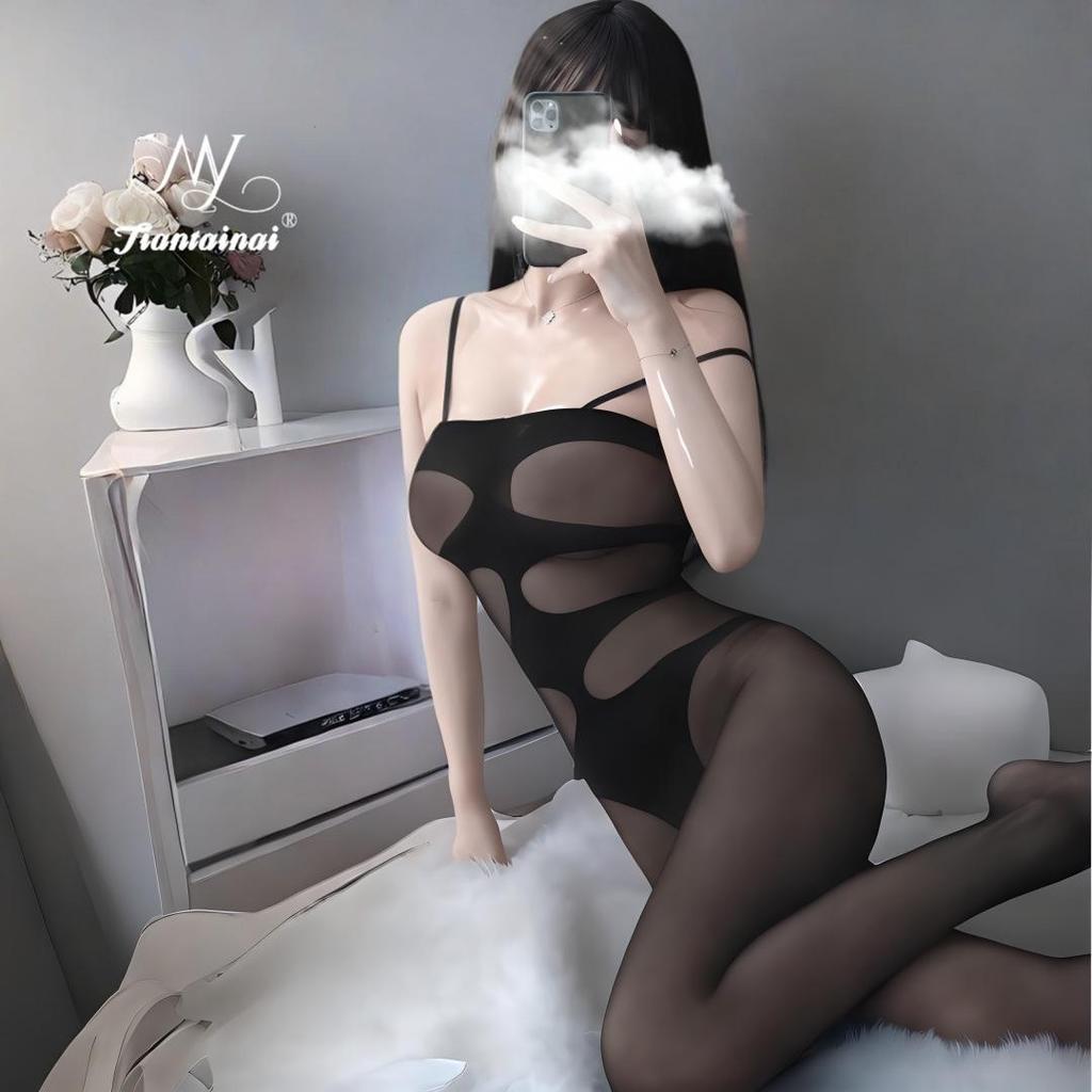 Allure Bodysuit Set: Fishnet Stockings & Open Crotch, Versatile Uniform Style for Mature Women, Plus Size, Black