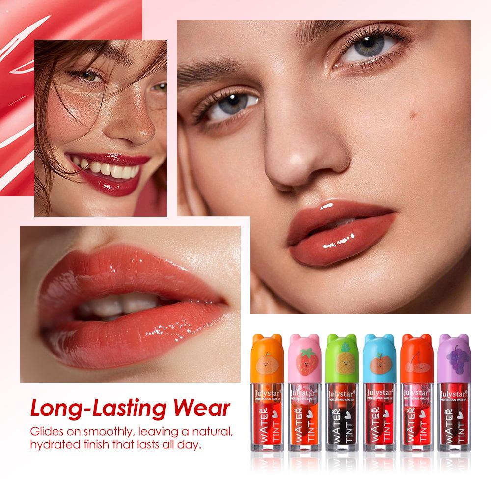 Julystar 6Pcs Lip Stain Set - Cute Bear Fruit Flavored Lip Tint Liquid Lip Gloss Kit, Long Lasting Waterproof Moisturizing Makeup Gift Set