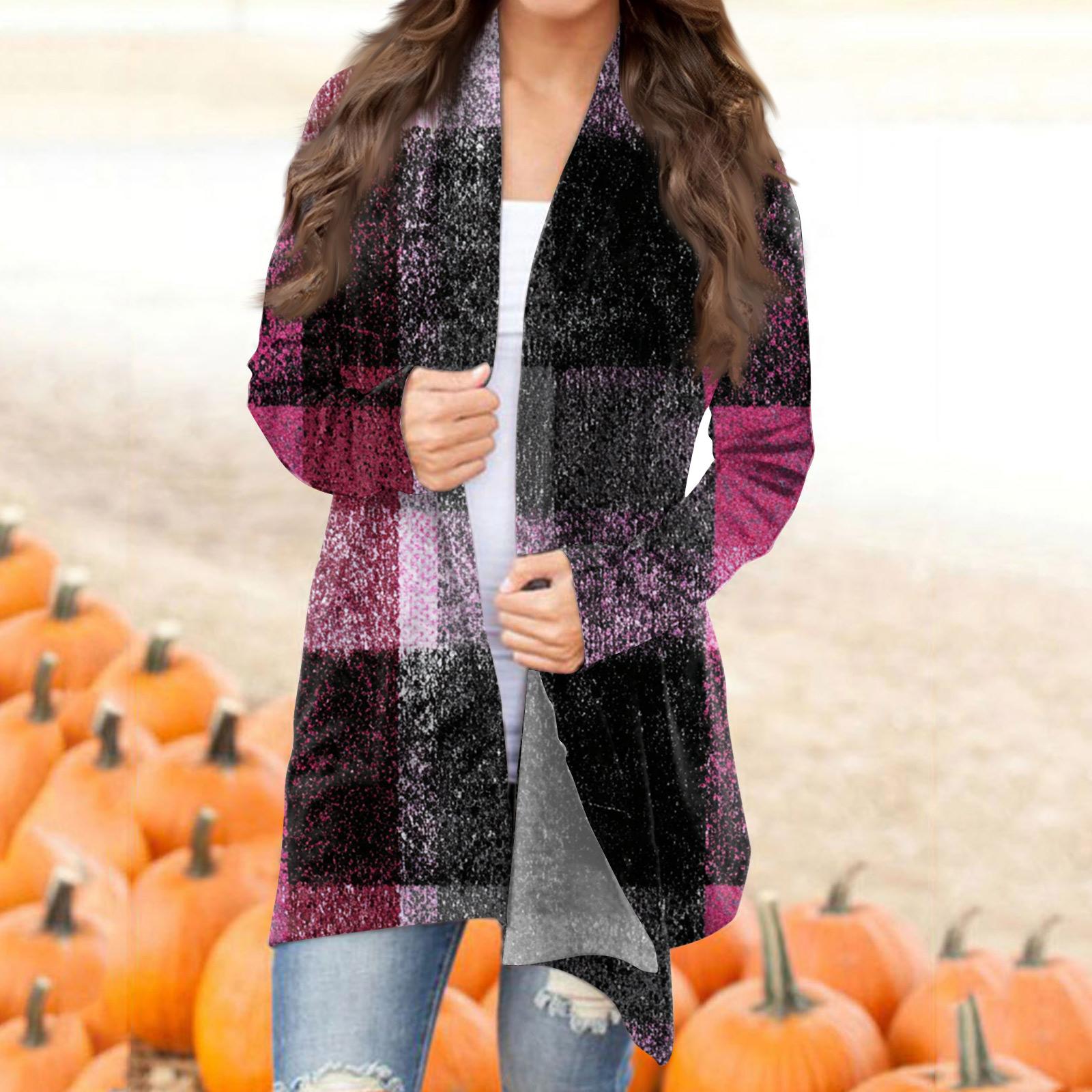 

Women s Casual Fashion Plaid Print Half-open Collar Mid-length Irregular Hem Cardigan Jacket L чёрный