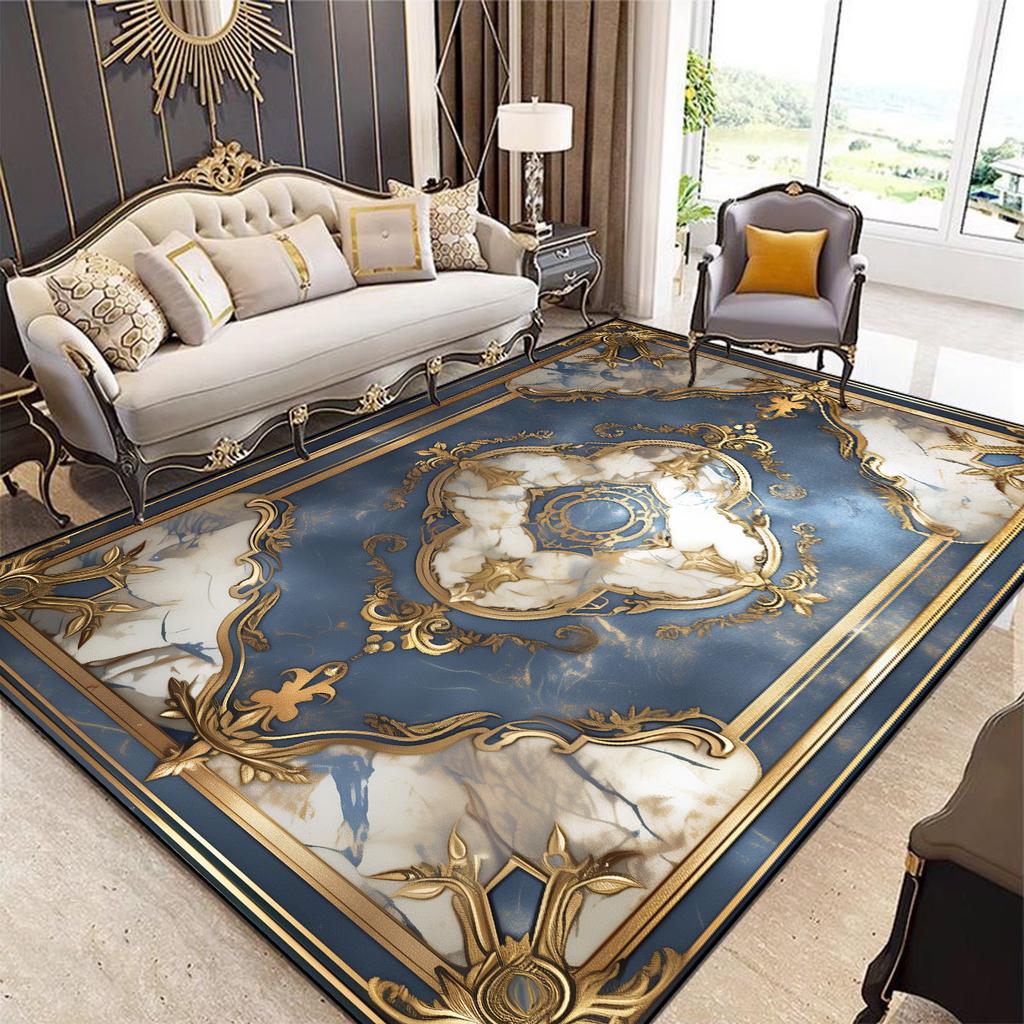 Luxusní evropský dekorativní koberec pro obývací pokoj modrý vykládaný zlatem velký rozměr sálový koberec protiskluzový pratelný podložka pro dekoraci ložnice