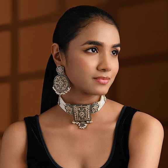 Gold Plated Traditional Kundan Pearl Multi Layered Choker Necklace Jewellery Set For Women