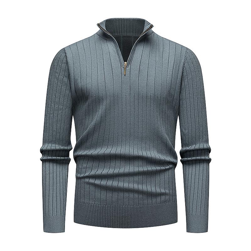 Men's European-American Half-Zip Solid Color Knit Sweater with Vertical Stripes