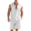 Men's New Summer 2pcs Set, Top: Hooded Sleeveless Button-Up Shirt + Bottom: Loose Drawstring Shorts, Casual Sportswear Set