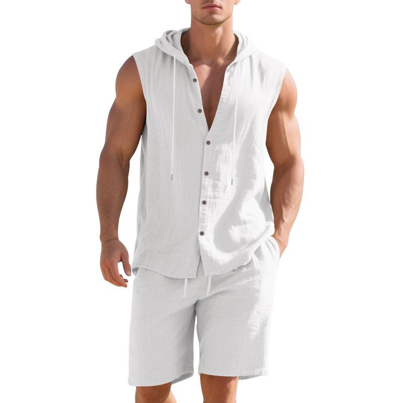 Men Linen Blend 2 Piece Set Sleeveless Hooded Shirt And Drawstring Shorts Casual Summer Beach Outfit S белый