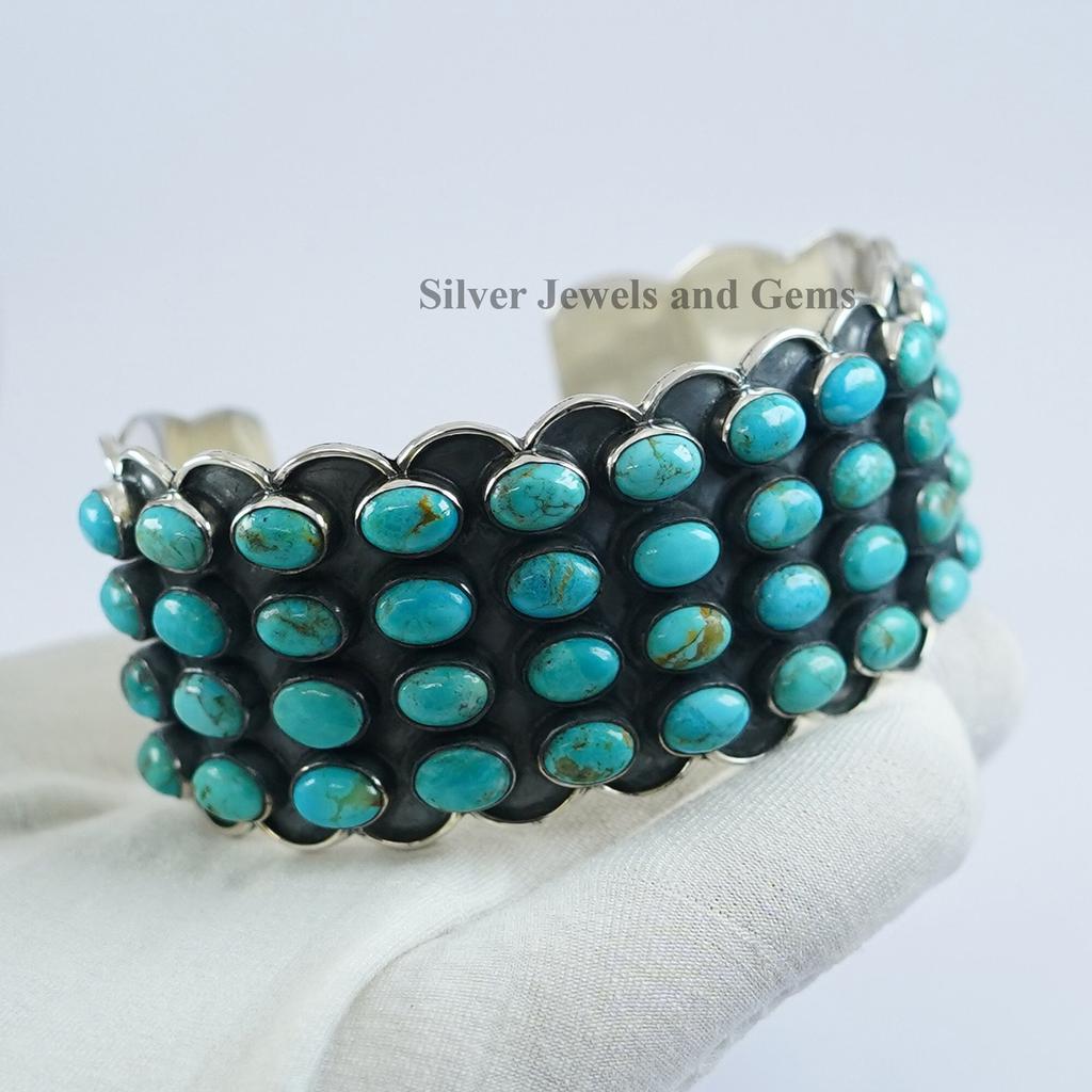 Natural Arizona Turquoise Cuff Bracelet, Cluster Cuff Bangle, 925 Sterling Silver Cuff, Boho Statement Bracelet, Engagement Bracelet