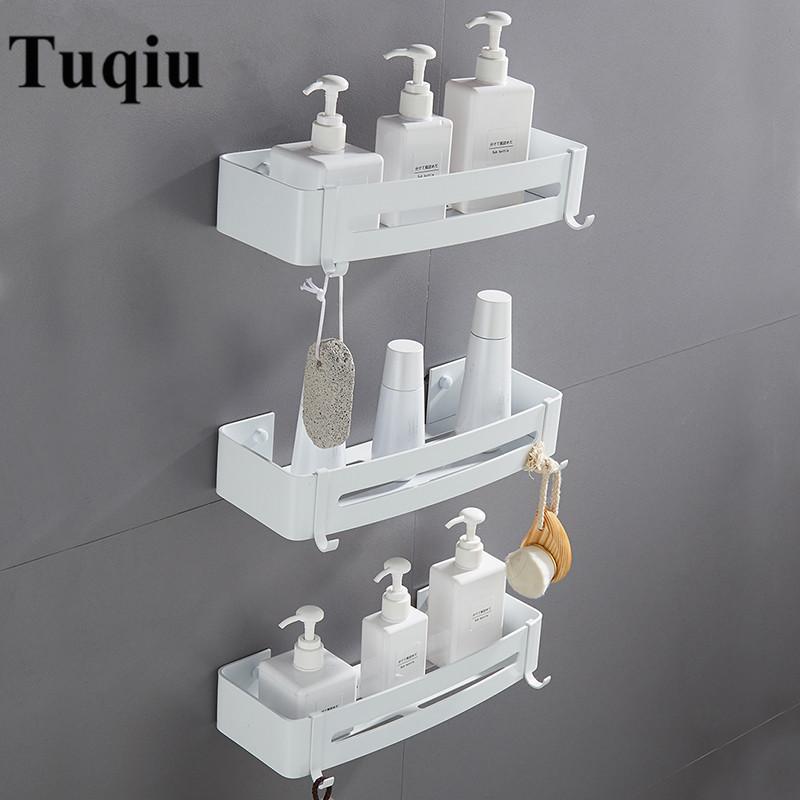 Tuqiu Bathroom Corner Shelf Wall Mounted White Aluminum Bathroom Shower Shelf Bath Shampoo Holder Basket Holder Corner Shelf