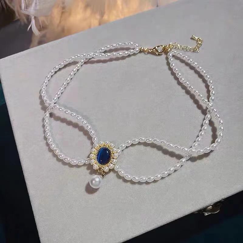 French retro double design opal necklace women ins pearl collarbone chain pendant jewelry