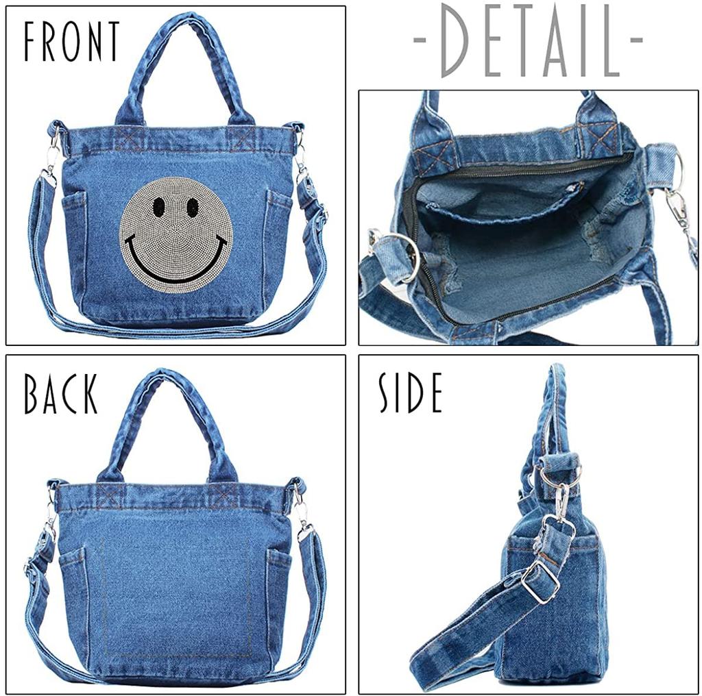 DIVA Rose Women's 2-Way Denim Tote Bag, Shoulder Bag, Small Mini Bag, Sparkling Smile Design (Light Blue)
