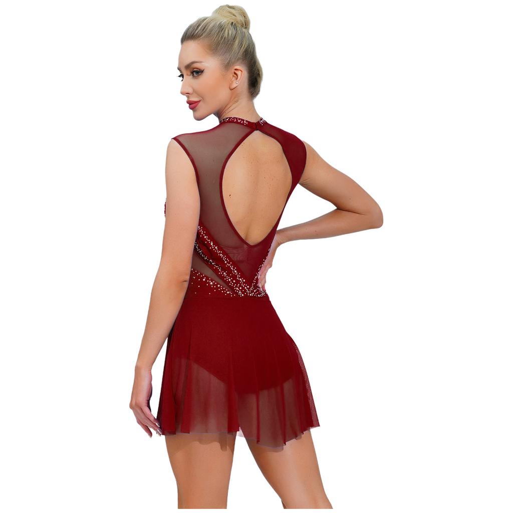 Womens Gymnastics Ballet Lyrical Dance Leotard Dress Rhinestone Embellished Mesh Skirt Dress Modern Contemporary Dance Costume