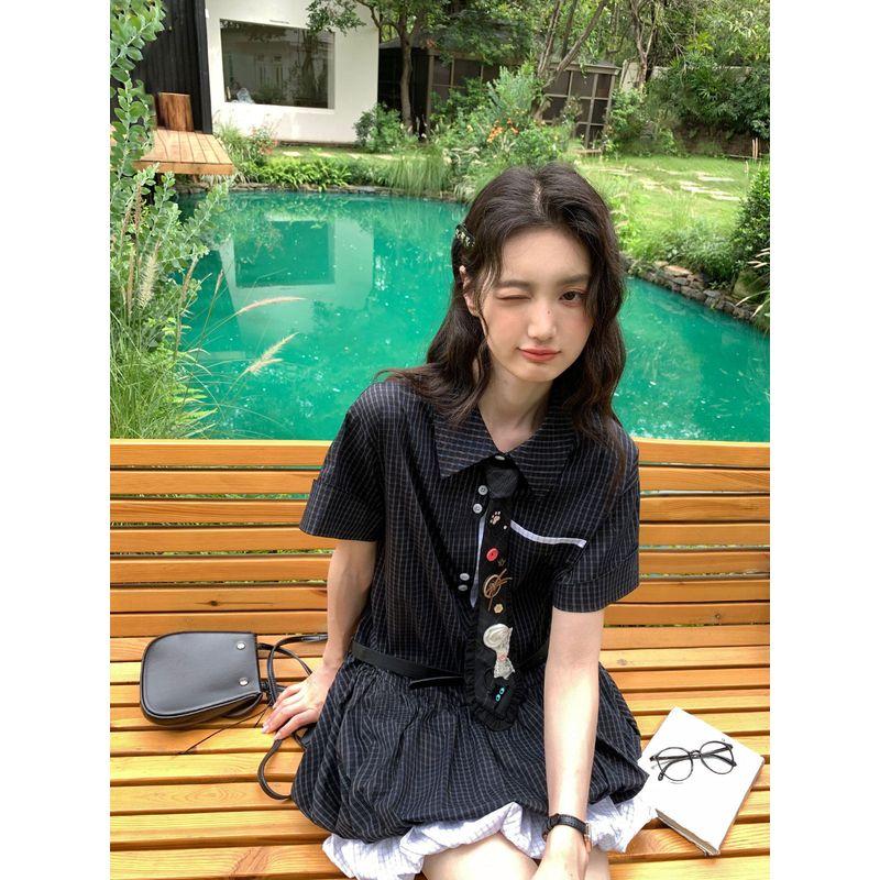 

Big-Size Black Plaid Dress for Women, Summer Style, Slightly Chubby, Sweet, Loose, Bubble Puffy Skirt Childlike Tie (Pre-Sale) F(One Size Fits All)