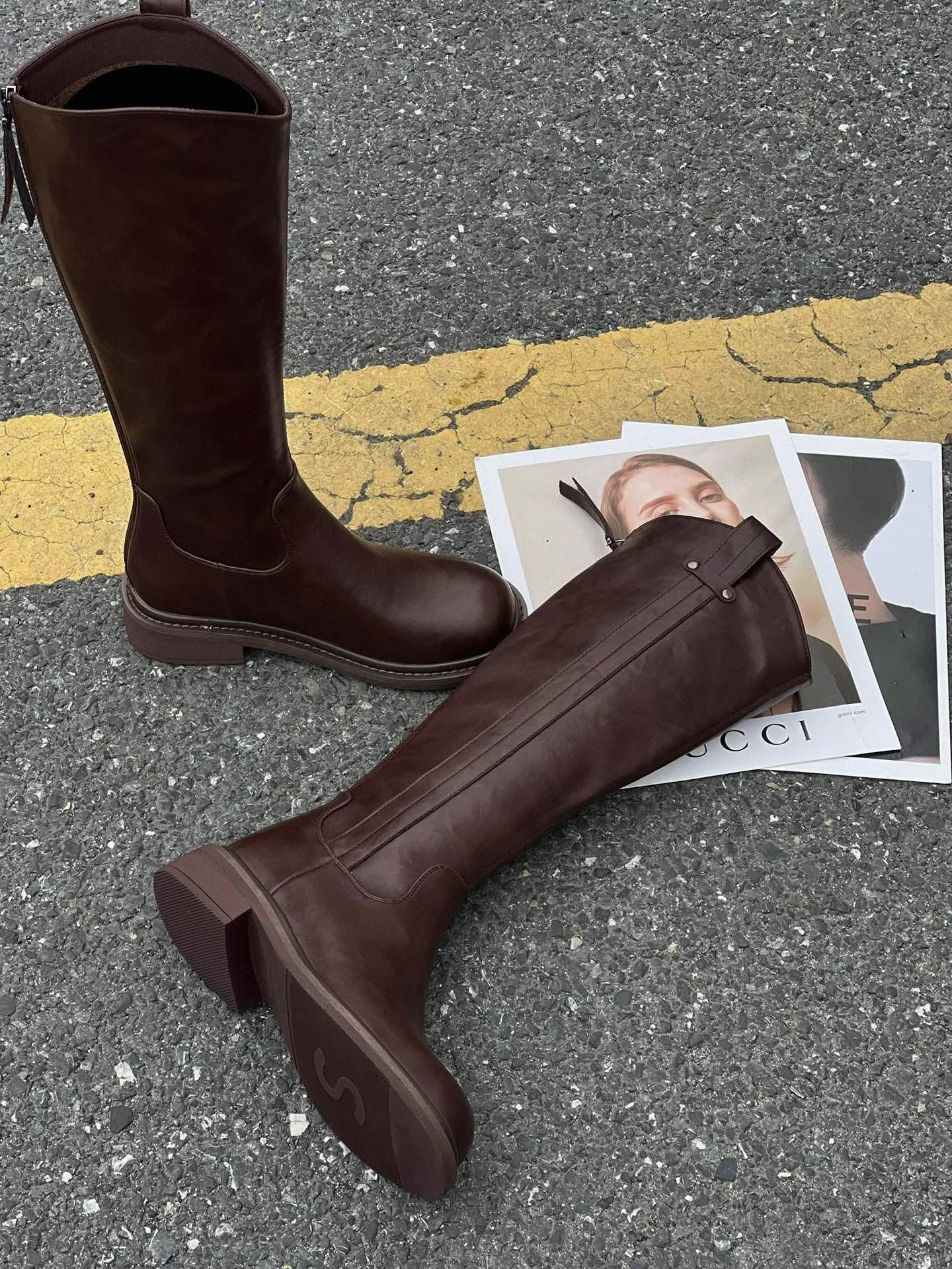 

Скоростные ботильоны на низком каблуке, универсальные, но до колена, женские, осень-зима 2025, на толстой подошве, тонкие, высокие, рыцарские сапоги, бархатные 40