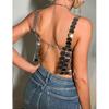 Women Sparkly Sequins Silver Chest Chain Bra Metallic Halter Backless Cami Crop