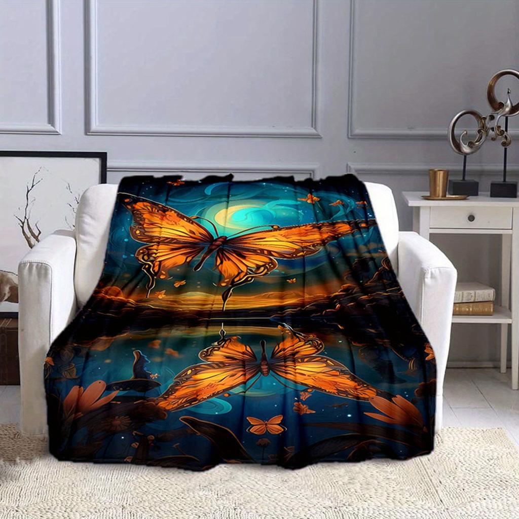 1pc Butterfly Print Blanket, Flannel Blanket, Soft Warm Throw Blanket Nap Blanket For Couch Sofa Office Bed Camping Travel