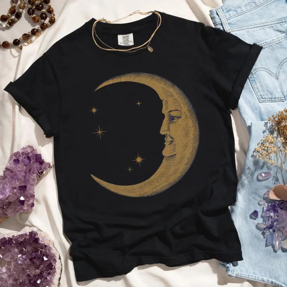 Women Retro Loose Short Sleeve Top Boho Moon Print Shirt Comfort 100 Cotton Crewneck Tshirt Casual Daily Fashion Streetwear