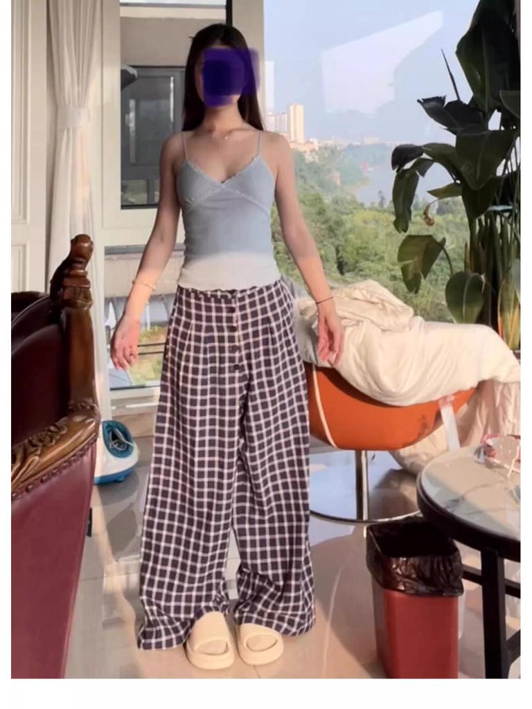 Women's High-Waist Blue Plaid Wide-Leg Trousers – Early Autumn 2024 Collection
