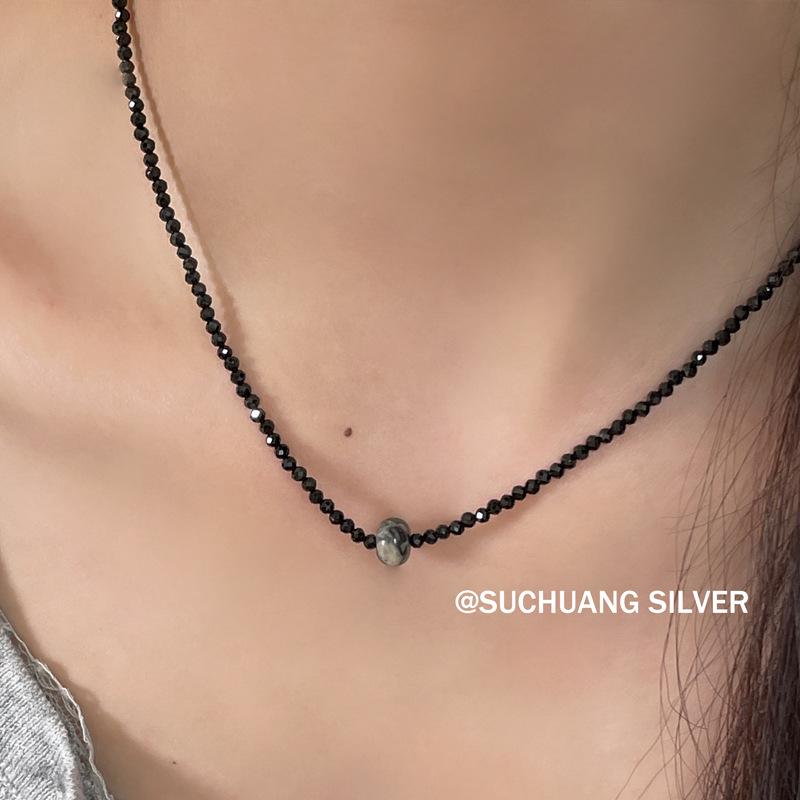S925 Sterling Silver Black Spinel & Gray Stone Beaded Necklace - Sweet Cool High-End Layered Clavicle Chain for Girls
