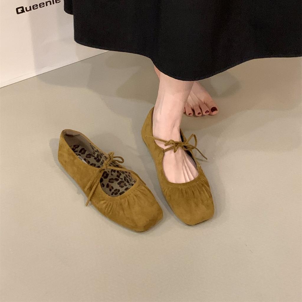 Flat-bottomed Pleated Skirt Mary Jane Single Shoes Women's Shoes 2025 Spring and Autumn Suede Lace-up Bow Evening Shoes