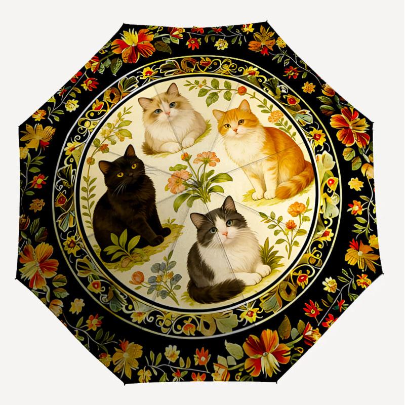 1PC Floral Pattern Cats Umbrella-8-Rib Reinforced, Automatic Open, Lightweight & Durable, Cute Fashion Accessory for Outdoor-K1257
