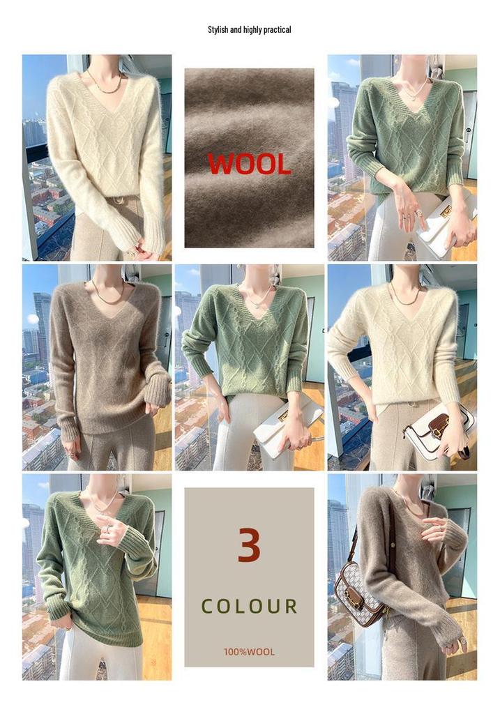 Women's Solid Color V-Neck Wool Pullover Sweater - Loose Fit, Thickened for Autumn/Winter