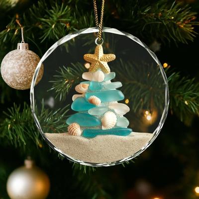 Sea Glass Christmas Ornaments Handcrafted Coastal Xmas Tree Ornament with Starfish Seashell Decor for Sea Lovers Holiday Party Decor