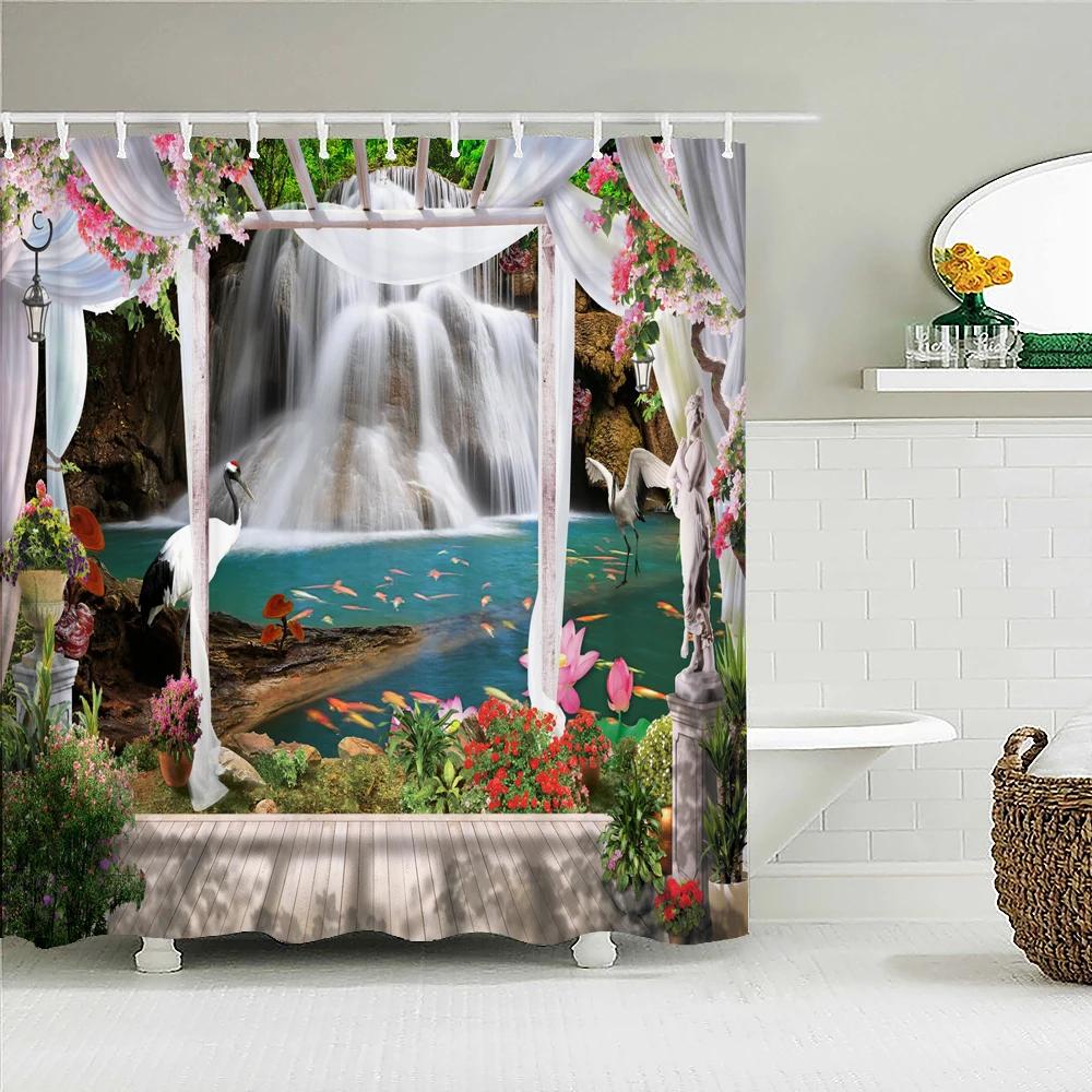 Rural Garden Flowers Seaside Scenery Shower Curtain Waterproof Bathroom Curtains Beautiful Sea Landscape Bath Screen with Hooks