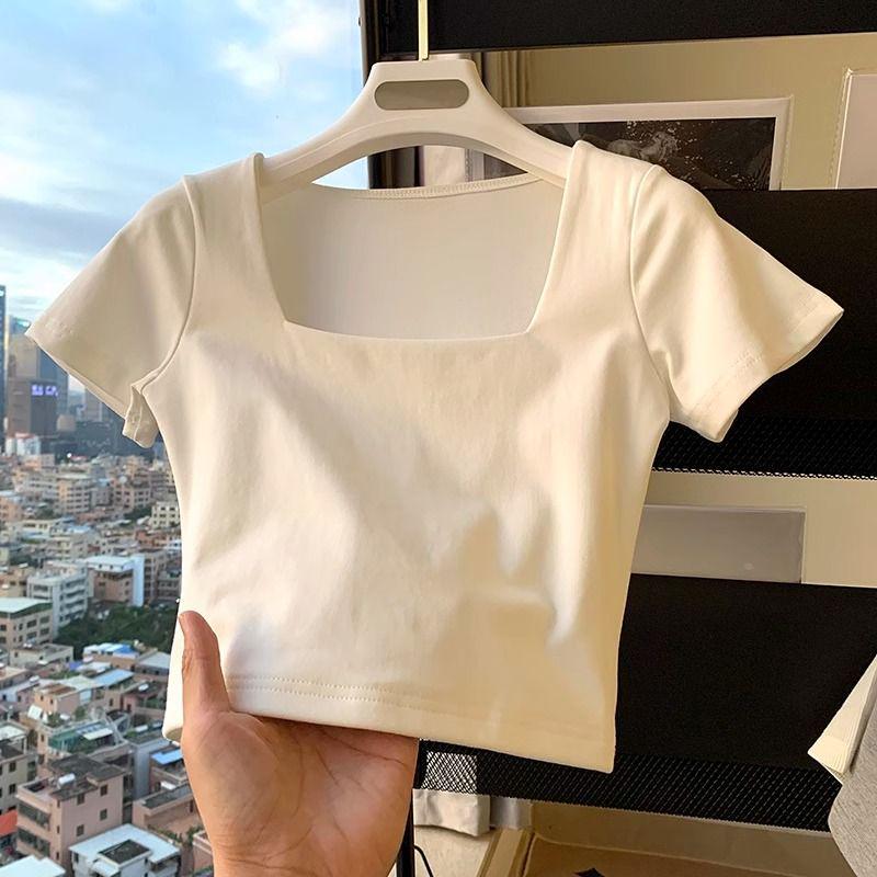 

Trendy Women s Square Neck Crop Top: White Short-Sleeve, Straight Shoulder, High-Waist Petite Summer Style. Small (S) білий