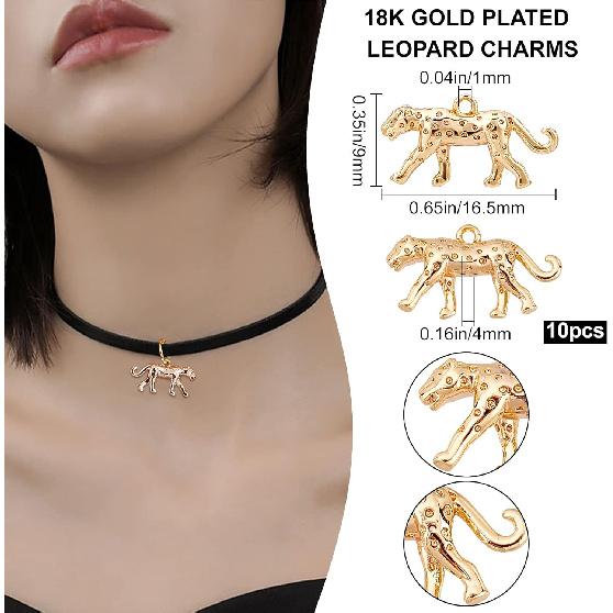 Beebeecraft 1 Box 10Pcs 18K Gold Plated Leopard Cheetah Charms Small Three Dimensional Animal Brass Jewelry Findings with Hoop for DIY Necklace
