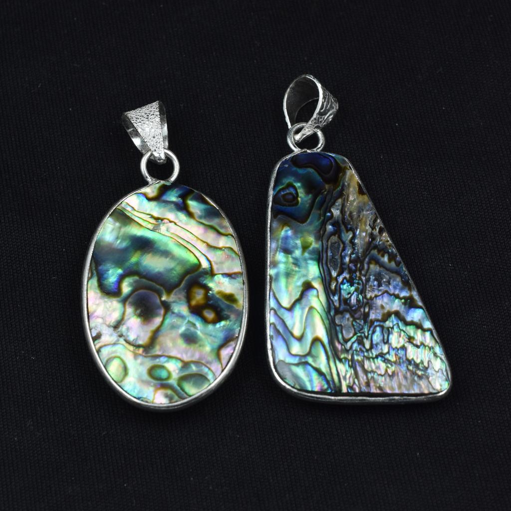 Oval-Pear Abalone Shell Gemstone 96.60 Ct Pair 925 Silver Pendant Healing Stone AR-1704-S