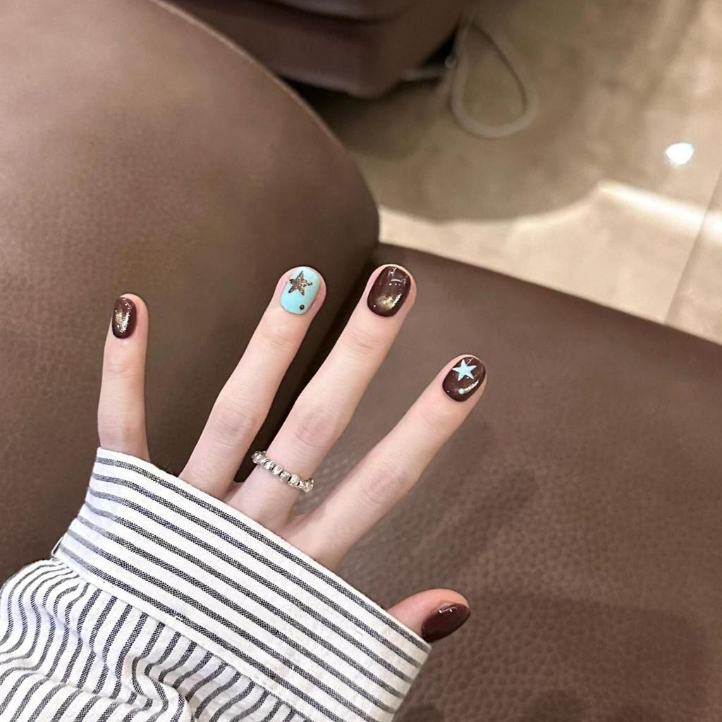 Sea Salt Brown Stars Cat Eyes Cute Pure Handmade Wear Armor White Girl Heart Short Nail Patch Fake Nails