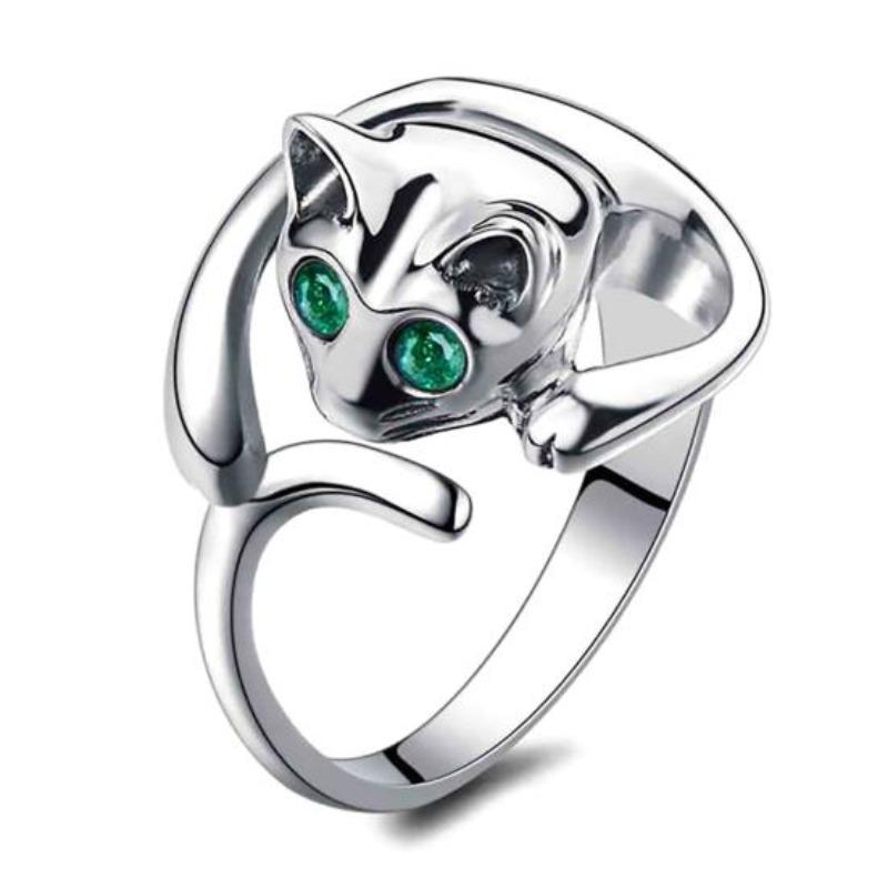 Verstellbarer, offener Fingerring für Damen in niedlicher Tier-Katzenform mit Strasssteinen
