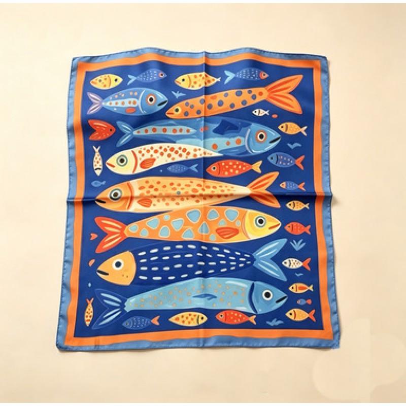 Womens Silk-Like Square Scarf With Polka Dot Fish Print Lightweight Fashion Accessory Outfits