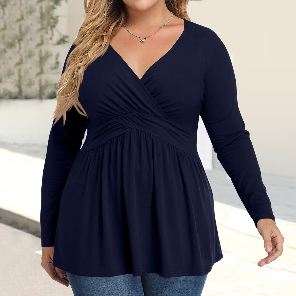 Women's Plus Size Shirt Long Sleeve  Print Top Pleated Casual V-Neck Top