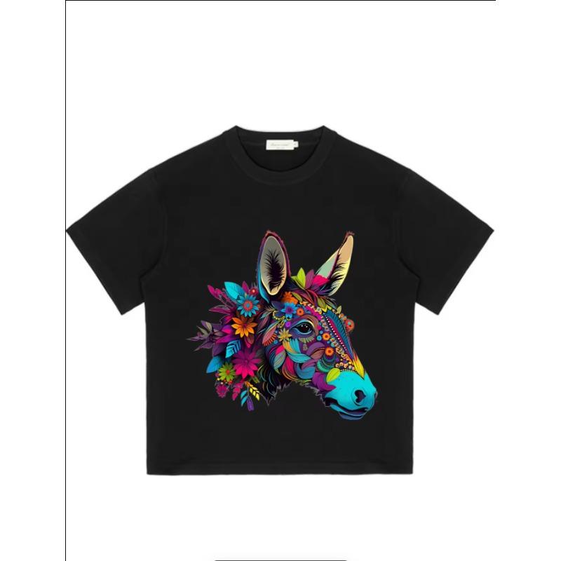 Schwarzes T-Shirt mit buntem Esel-Blumenmuster-Design für Freizeitkleidung