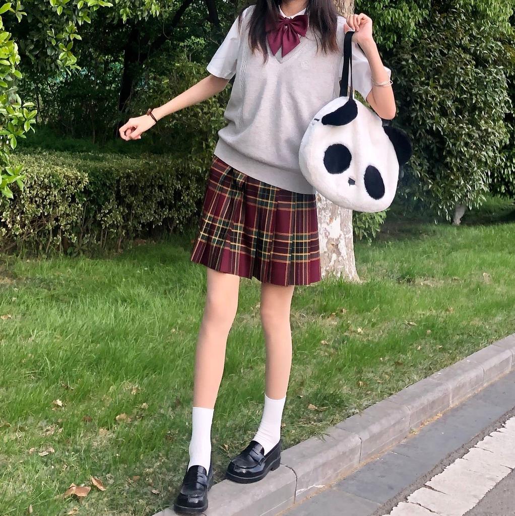 Sharphon Check Pleated Pleated Bow Set Skirt, 43/48cm Length, B10, Uniform, High-Waisted Skirt, Tie, 3-Piece