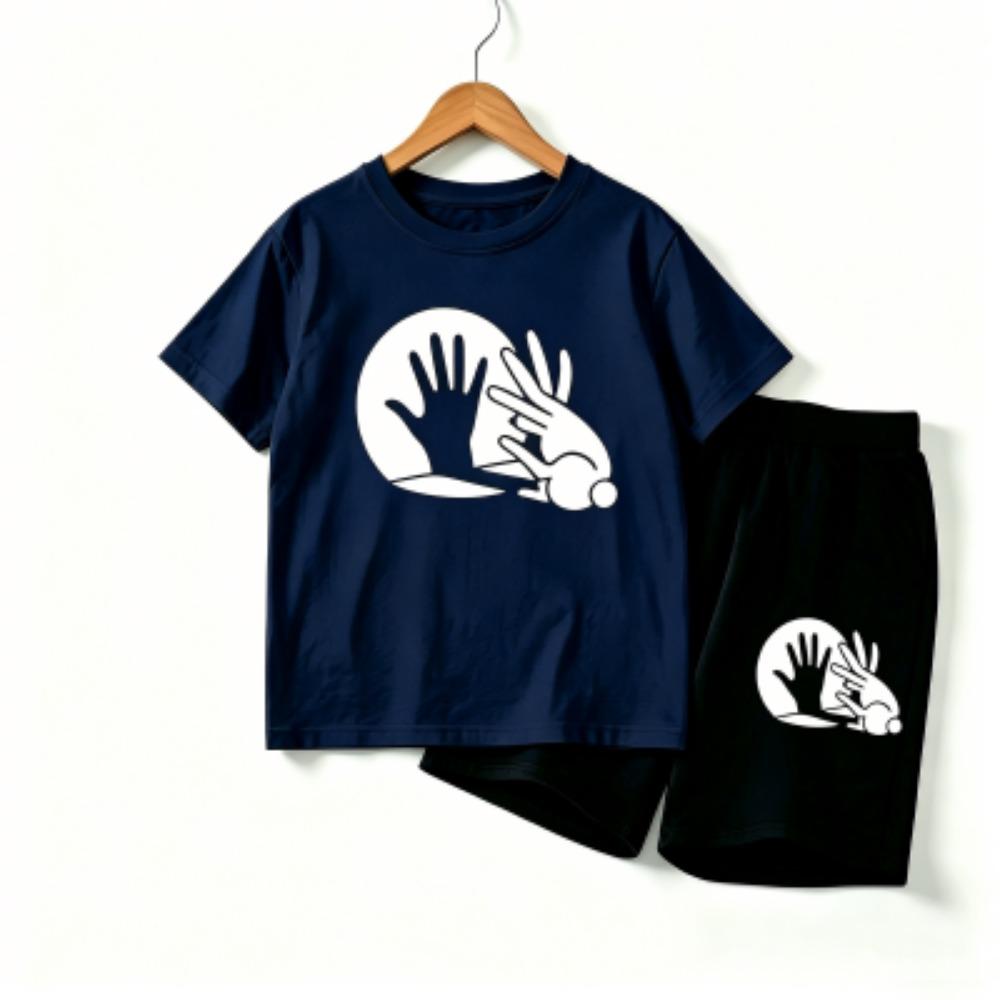 Rabbit Shadow Print Outdoor Street Kids T-shirt and Shorts Summer Home Casual Outfit Boy and Girl's Sports Set