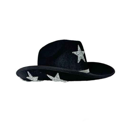 Felt Hat Sparkling Star Decor Wide Brim Western Cowboy Kids Hat Lightweight Fabric Party Festival Outdoor Hair Accessory