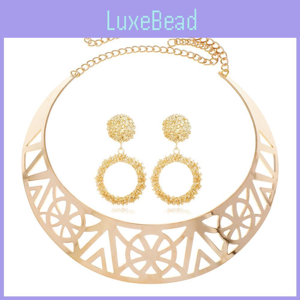 Solid Fashion Color Hollow Design Women Metal Necklace Collar Round Earring Set