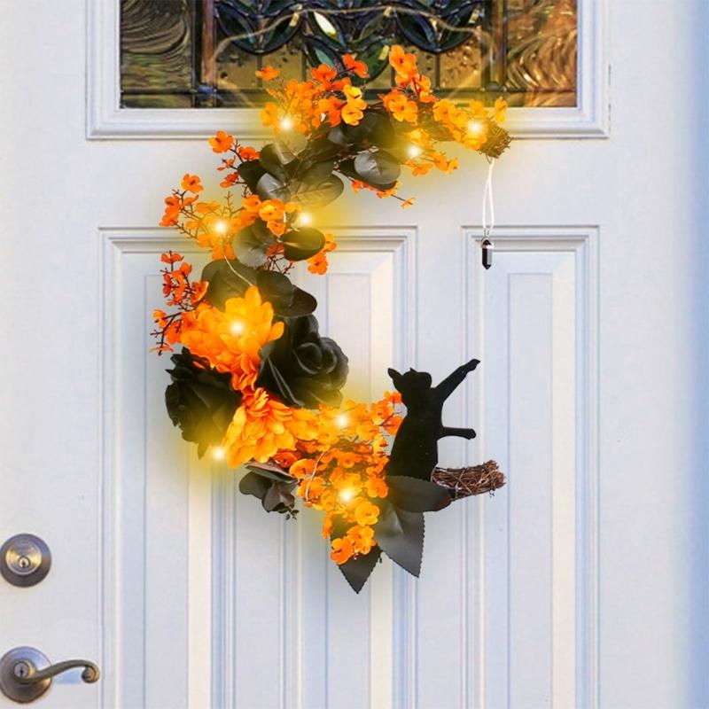 Halloween Moon Cat Wreath Simulation Hanging Pendant Autumn Rustic Crafts Spooky Halloween Decorations for Home Party