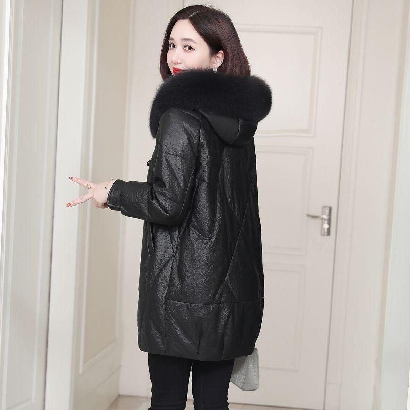 Pu Leather Down Cotton Clothes Women's Winter New Hooded Casual Version Stone Pattern Imitation Sheepskin Jacket Medium and Long