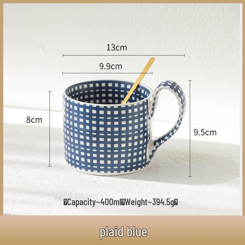Vintage High-Handle Plaid Blue Ceramic Mug