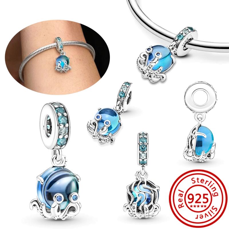 925 Sterling Copper Blue Glass Zircon Series Sparkling Pendant Simple Classic Beads Fit Original Pantaro Charms Bracelet Zircon