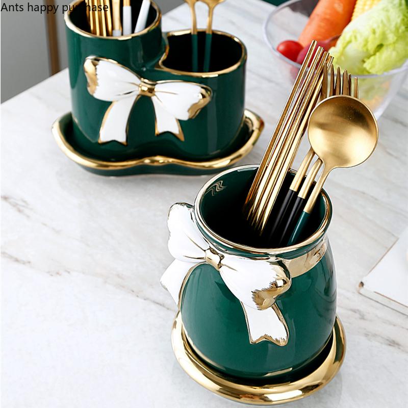 Ceramic Chopsticks Holder Drain Cage Spoon Knife Fork Cutlery Rack Kitchen Tableware Storage Container Chopsticks Organizer